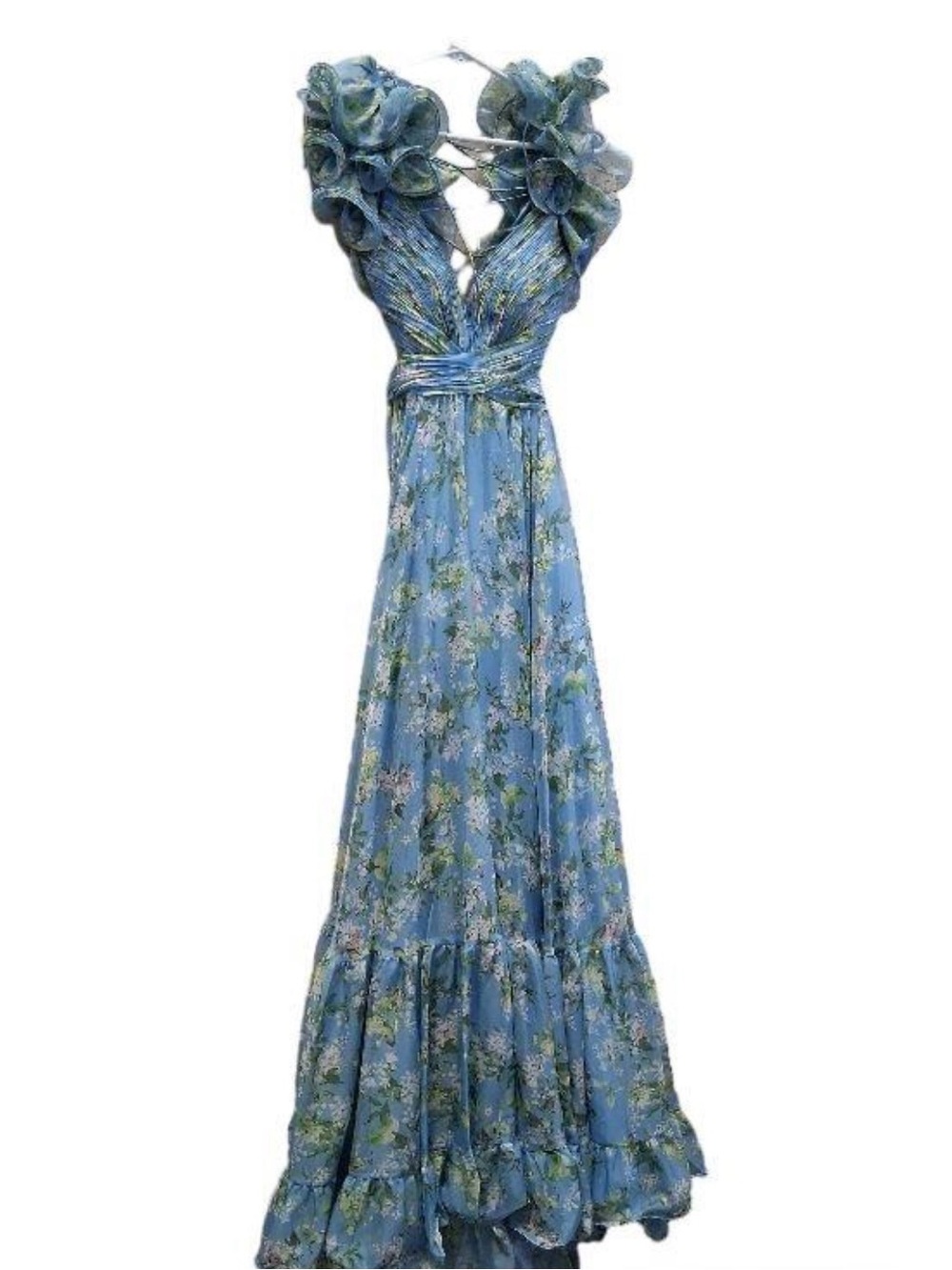 Mac Duggal Womens Size 0 Blue Floral Ruffle V-Neck Maxi Dress Excellent Like New